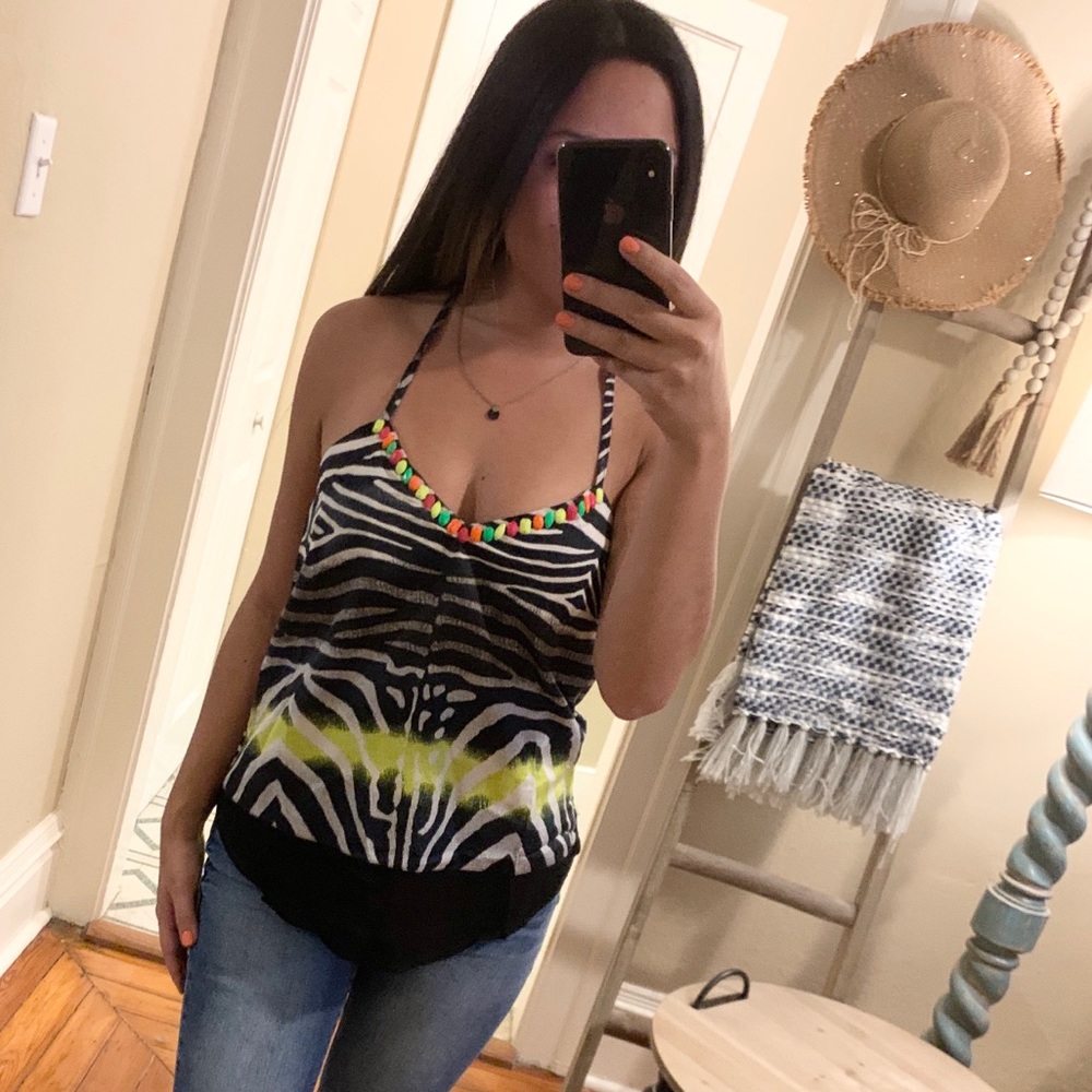 Zebra Print Neon Bead T-Strap Tank